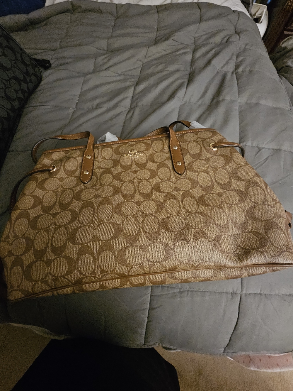Coach Brown Signature Canvas Shoulder Tote with Tan Leather Trim